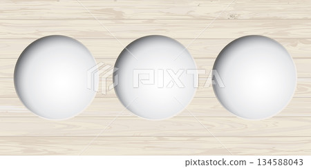 Three of 3D circle frame paper cut style with cut timber panels whitewashed fade condition background graphic illustration have blank space. Three of 3D circle frame paper cut style with cut timber panels whitewashed fade condition background graphic illustration have blank space. 134588043