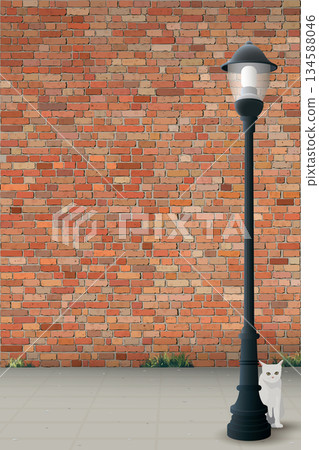 Old red brick wall vertical background with the sidewalk and lighting pole have a cat behind graphic illustration. Old red brick wall vertical background with the sidewalk and lighting pole have a cat behind graphic illustration. 134588046