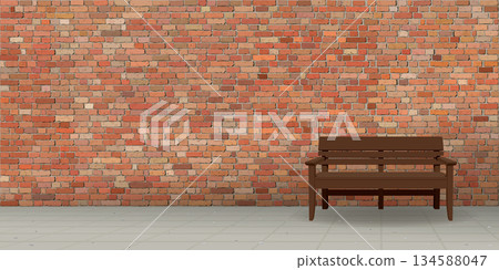 Old red brick wall background with a bench on sidewalk graphic illustration have blank space. 134588047