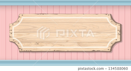 Cut timber panels pink and blue colors background with blank wooden signboard graphic illustration. Cut timber panels pink and blue colors background with blank wooden signboard graphic illustration. 134588060