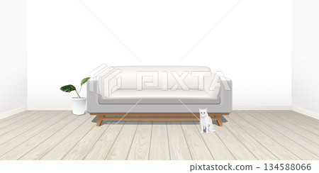 Living room with blank white wall and whitewashed wooden floor have sofa, plant pot and cat graphic illustration. Living room with blank white wall and whitewashed wooden floor have sofa, plant pot and cat graphic illustration. 134588066