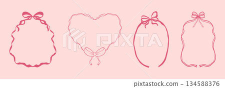 Ribbon bow frame set border and element collection. Coquette vintage sketch line pink hand drawn. Design element for greeting cards, wedding and birthday party, picnic invitations 134588376