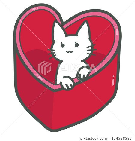 Valentine's Day illustration of a cute cat peeking out of a heart-shaped chocolate box Valentine's Day illustration of a cute cat peeking out of a heart-shaped chocolate box 134588583