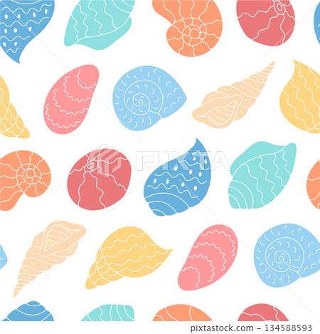 Seamless pattern of marine shells in flat style. Seashells and aquatic elements in cartoon design create an underwater and ocean summer background. Perfect for marine projects. Seamless pattern of marine shells in flat style. Seashells and aquatic elements in cartoon design create an underwater and ocean summer background. Perfect for marine projects. 134588593