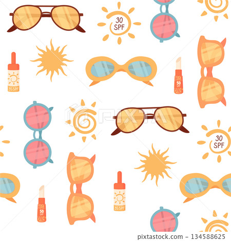 Flat seamless sunscreen bottle sunglasses background, spf sun and sunblock, cosmetic lotion cream repeat pattern. Seamless pattern for summer skincare, body care, fabric, wallpaper, or cosmetic Flat seamless sunscreen bottle sunglasses background, spf sun and sunblock, cosmetic lotion cream repeat pattern. Seamless pattern for summer skincare, body care, fabric, wallpaper, or cosmetic 134588625