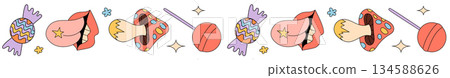 Groovy retro cartoon border elements with colorful candy and funky lips create a seamless pop effect pattern. Vibrant y2k inspired pattern gives a playful border with bold character and fun style for Groovy retro cartoon border elements with colorful candy and funky lips create a seamless pop effect pattern. Vibrant y2k inspired pattern gives a playful border with bold character and fun style for 134588626