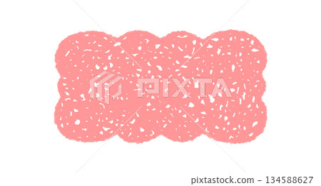 Groovy crayon scallop rectangle border in pink. Abstract retro shape with hand drawn hatch, chalk shading and y2k frame. Contemporary graphic for background or creative aesthetic projects. 134588627