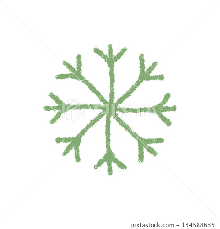Snowflake symbol in green crayon style with ornament detail. Icy icon as cold winter element for christmas and holiday visual, frost and ice theme in simple, decorative isolated graphic format. Snowflake symbol in green crayon style with ornament detail. Icy icon as cold winter element for christmas and holiday visual, frost and ice theme in simple, decorative isolated graphic format. 134588635