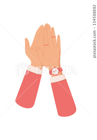 Flat colorful clapping hands gesture. Raised hands in a cheerful clap represent recognition, solidarity, and teamwork. Support and community values blend in a simple cartoon graphic style. Perfect 134588692