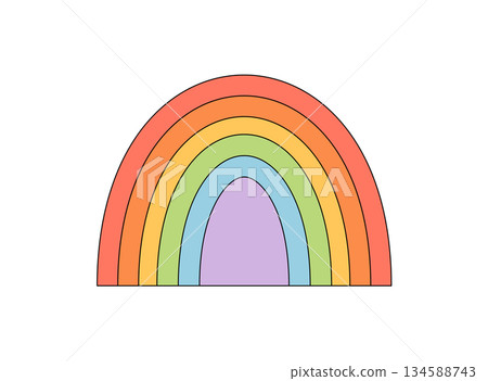 Retro groovy rainbow in flat style sticker. Colorful arch shape and sticker pattern with y2k curve background. Playful modern graphic for cool pop decor or artistic contemporary wallpaper. 134588743
