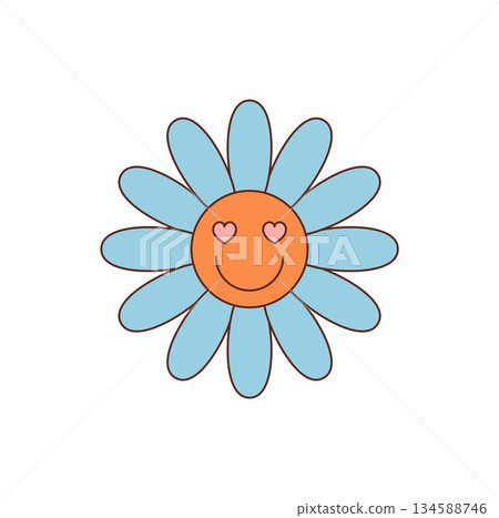 Groovy daisy flower with cartoon smile and cute heart details in blue and orange colors sticker. Retro y2k sticker art brings playful pop style modern fun. Perfect for creative contemporary graphic Groovy daisy flower with cartoon smile and cute heart details in blue and orange colors sticker. Retro y2k sticker art brings playful pop style modern fun. Perfect for creative contemporary graphic 134588746