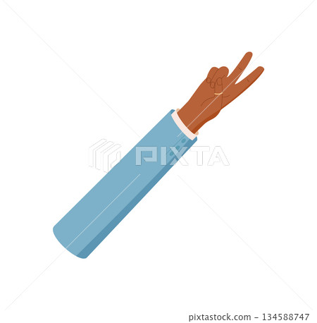 Flat hand gesture showing number two. Black hand with two fingers, signal 2 for counting or math. Isolated design with clothed arm and sleeve, professional graphic icon for education. Flat hand gesture showing number two. Black hand with two fingers, signal 2 for counting or math. Isolated design with clothed arm and sleeve, professional graphic icon for education. 134588747