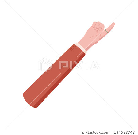 Flat cartoon hand gesture with finger raised to show number one. Human hand in a clothed arm signals counting and simple math concepts. Basic and educational design isolated on white background, 134588748