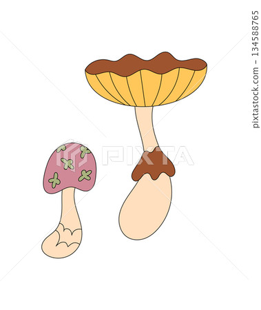 Groovy retro psychedelic mushroom cartoon in colorful and abstract style. Funky 70s shape with y2k and graphic feel. Groovy element adds unique pop to any creative project. 134588765