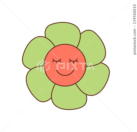 Groovy retro flower with happy face in cute cartoon graphic style. Colorful smile and floral character add a playful and positive mood. This groovy element brings trendy y2k charm, cheerful fun 134588810