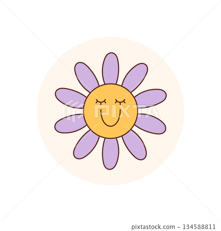 Groovy round sticker with cute daisy and happy smiley in retro y2k style. Flower seal and circle lid perfect for package. Fun, positive icon for product or package label. Groovy round sticker with cute daisy and happy smiley in retro y2k style. Flower seal and circle lid perfect for package. Fun, positive icon for product or package label. 134588811