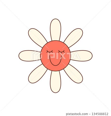 Groovy y2k flower with cute smile and colorful face in cartoon icon style. Happy retro inspired character as a groovy element. Playful pop art for positive vintage and fun themes. Groovy y2k flower with cute smile and colorful face in cartoon icon style. Happy retro inspired character as a groovy element. Playful pop art for positive vintage and fun themes. 134588812