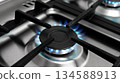 Close-up of a gas burner with blue flame on a stainless steel stove. Energy usage concept. 134588913