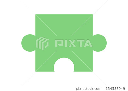 Flat green jigsaw puzzle piece silhouette. A fun hobby and toy for kids and entertainment. Engaging boardgame element for home table activities leisure, simple graphic style fun concepts. 134588949