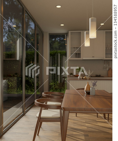 Wooden dining table and armchairs with dried flower vases under ceiling candle light lamp in kitchen Wooden dining table and armchairs with dried flower vases under ceiling candle light lamp in kitchen 134588957