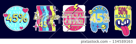 Y2k sale sticker set with retro psychedelic badges Y2k sale sticker set with retro psychedelic badges 134589163