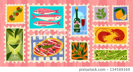 Color stamps with traditional Italian food Color stamps with traditional Italian food 134589169