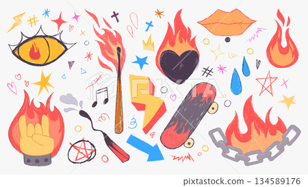 Doodle fire icons set isolated on white background 134589176