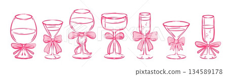 Cocktail glass set with pink bow ribbons 134589178