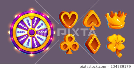 Golden slot machine icons with fortune wheel 134589179