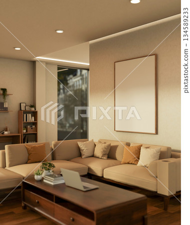 Blank frame on white wall of a living room hanging over a sofa set on parquet floor and wooden table Blank frame on white wall of a living room hanging over a sofa set on parquet floor and wooden table 134589233