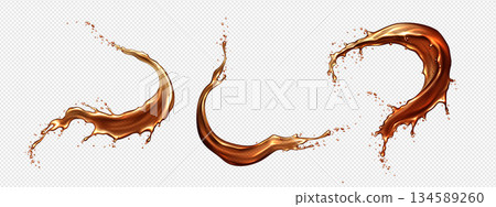 Cola splash with dynamic swirls and droplets 134589260