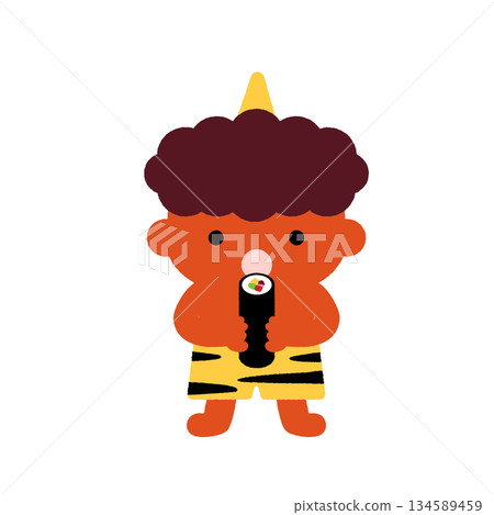 Cute red demon character illustration holding Setsubun ehomaki | Japanese event design for children Cute red demon character illustration holding Setsubun ehomaki | Japanese event design for children 134589459