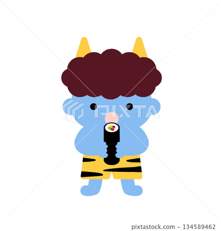 可愛的藍色惡魔角色插畫,正在吃節分用的惠方卷 | 日本兒童活動設計 可愛的藍色惡魔角色插畫,正在吃節分用的惠方卷 | 日本兒童活動設計 134589462