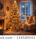 A room decorated with a gorgeous Christmas tree 134589543