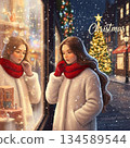 A young woman standing in the Christmas town 134589544