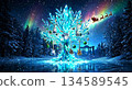 Aurora view, ice Christmas tree and Santa Claus 134589545