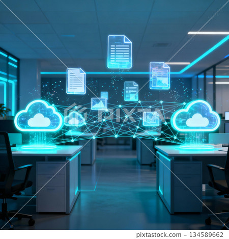 Cloud storage and data synchronization hologram in futuristic office Cloud storage and data synchronization hologram in futuristic office 134589662