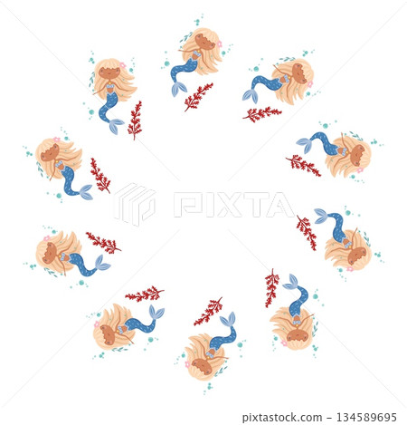 Round Sea Frame with Mermaid Illustration Round Sea Frame with Mermaid Illustration 134589695