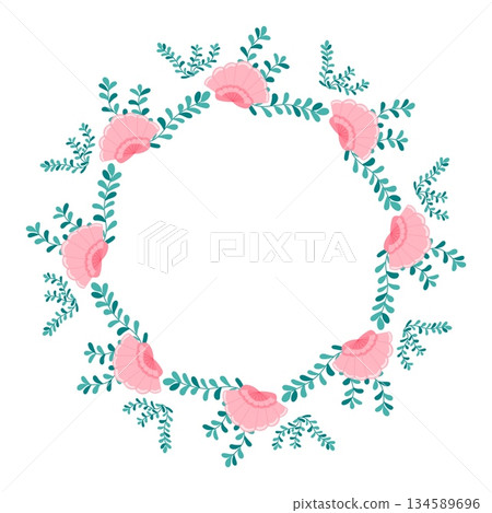 Round Sea Frame with Pink Shells and Seaweed Round Sea Frame with Pink Shells and Seaweed 134589696