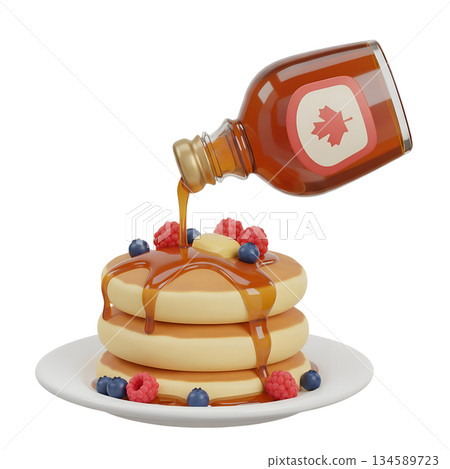 Delicious 3d render of golden maple syrup being poured over a tall stack of fluffy pancakes topped with fresh berries Delicious 3d render of golden maple syrup being poured over a tall stack of fluffy pancakes topped with fresh berries 134589723