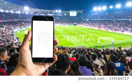 Hand Holding Phone Over Blurry Sports Stadium at night 134589727