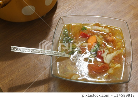 Tasty Soup with buckwheat; cabbage and tomatoe-healthy eating (vegetarian) 134589912