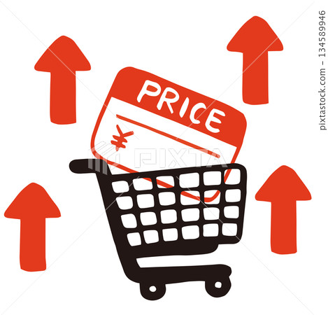 購物籃向量圖，帶有價格標籤和向上箭頭 | 物價上漲、通貨膨脹和價格上漲 134589946