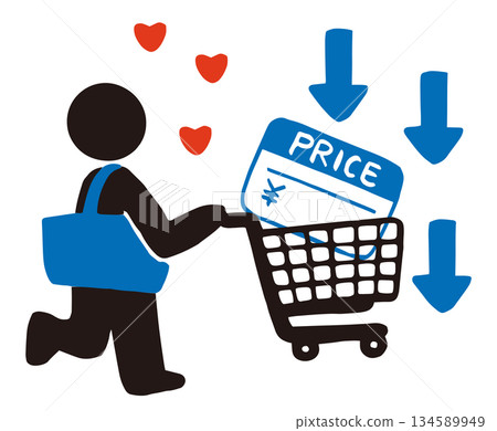 Vector illustration of a shopping cart with a price tag and a downward arrow | Low prices, price reductions, and price drops 134589949