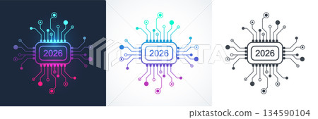 Christmas poster 2026 in the technology style with plexus effect, connection dots and lines. New Year card or digital tech calendar banner 134590104
