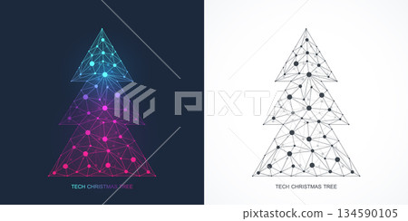 Christmas tree with connection dots and lines in the technology style. New Year card or digital tech Logo, sign, banner, header, calendar poster Christmas tree with connection dots and lines in the technology style. New Year card or digital tech Logo, sign, banner, header, calendar poster 134590105