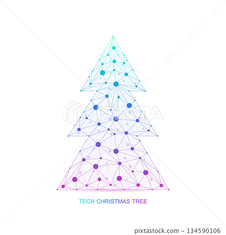 Christmas tree with connection dots and lines in the technology style. New Year card or digital tech Logo, sign, banner, header, calendar poster 134590106