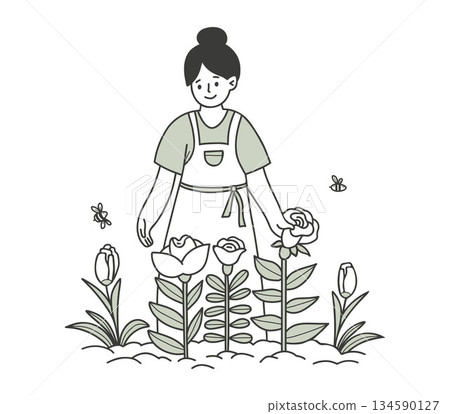 Happy Woman Gardener with Flowers and Bees Hand Drawn. Hobby Female Character Florist. Minimalist Doodle of Girl in Spring Garden. Vector illustration. Not AI Happy Woman Gardener with Flowers and Bees Hand Drawn. Hobby Female Character Florist. Minimalist Doodle of Girl in Spring Garden. Vector illustration. Not AI 134590127