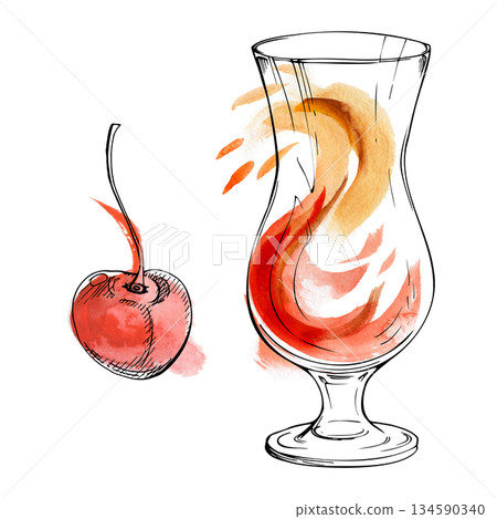 Mai Tai, aperol spritz, tequila sunrise exotic cocktail, fruit or berry juice in hurricane glass with cherry garnish. Watercolor and ink hand drawn illustration for tropical bar themes and packaging. 134590340