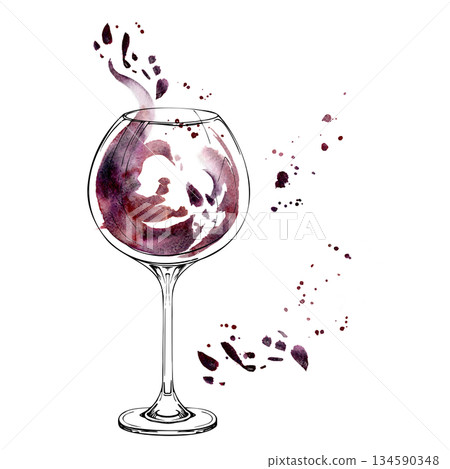 Sangria, berry or grape fruit juice splash in tall wine balloon glass with splatter drops. Isolated hand drawn illustration in ink and watercolor. Kitchen prints, bar branding, and digital assets. 134590348